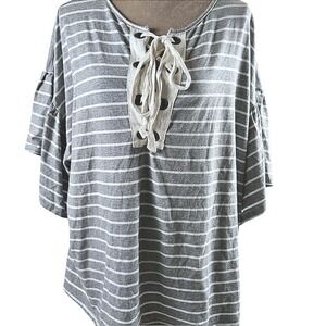 UMGEE Womens‎ Sz 1X Knit Top Gray White Striped Lace Up Beachy Boho Neutral